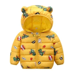 1-6Y Baby Warm Down Jackets Boys Girls Hooded Cartoon Print Outerwear Autumn Winter Coats Children Clothing Lightweight Jackets