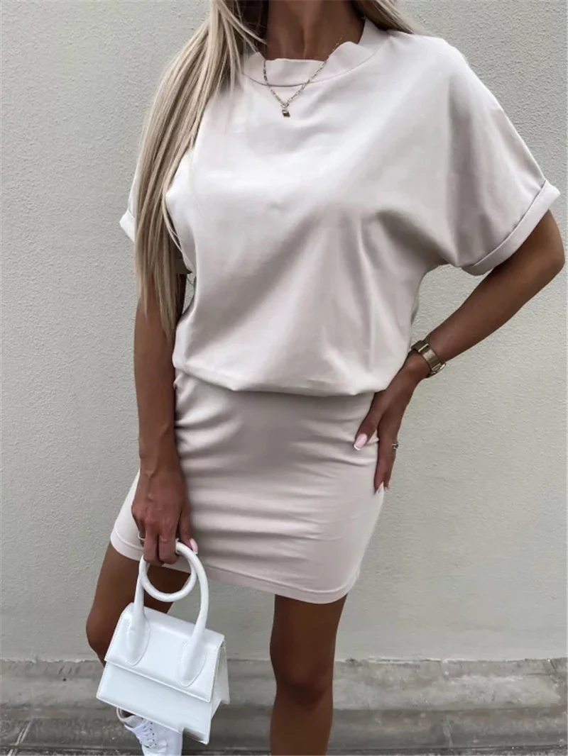 Summer New Women's Solid Color Commuter Casual Sports Dress Lady Office Package Hips Bodycon Short Sleeve Mini Dresses