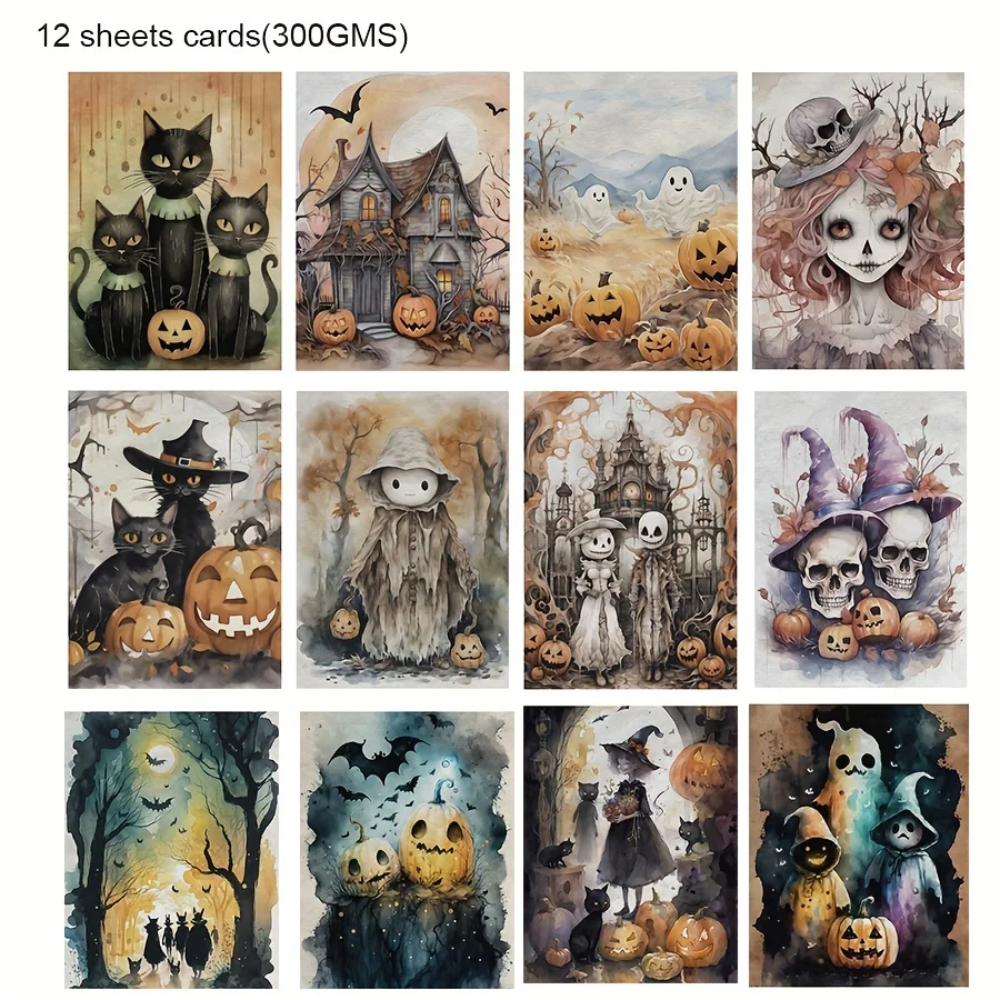 JAIIMAN 44pcs Card and Sticker set Dark for Halloween, with Goast, Cat, Castle Patterns for Holiday Party Flag DIY,Greeting Card