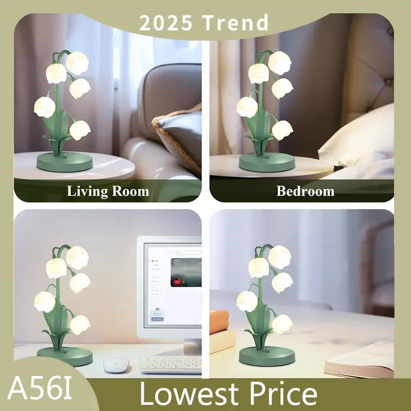 ABDD Vintage Flower Table Lamp For Home, 5 Lily Of The Valley Bedside Lamps 3 Color Modes Nightstand Lamp For Bedroom US Plug