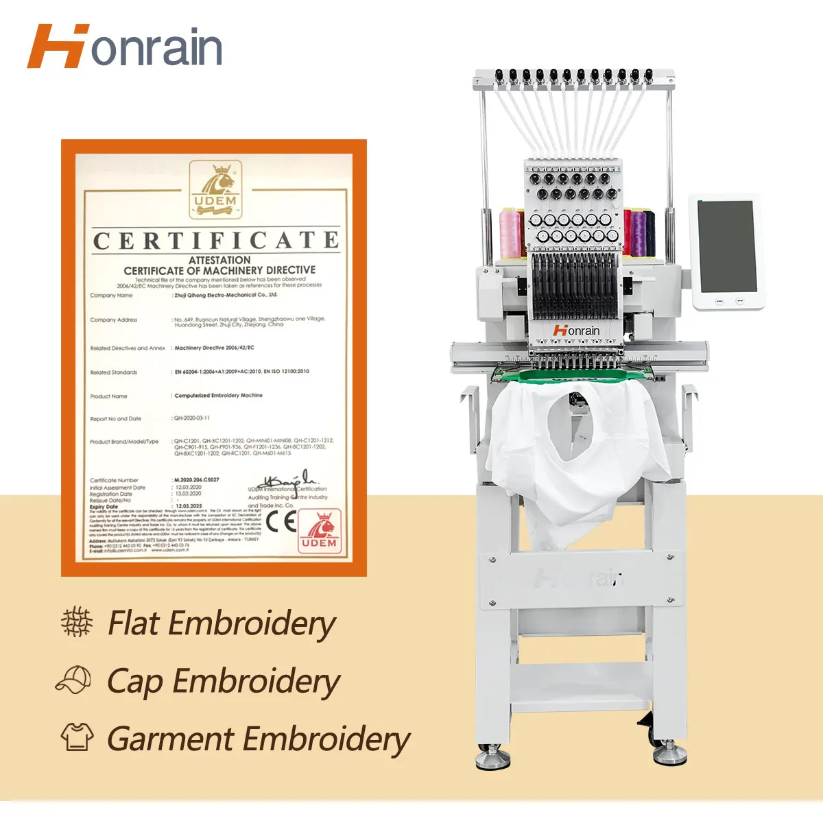 2026 New Brand Hot Saling HONRAIN Single Head 9/12 Needles Computerized Embroidery Machine For Cloth Cap