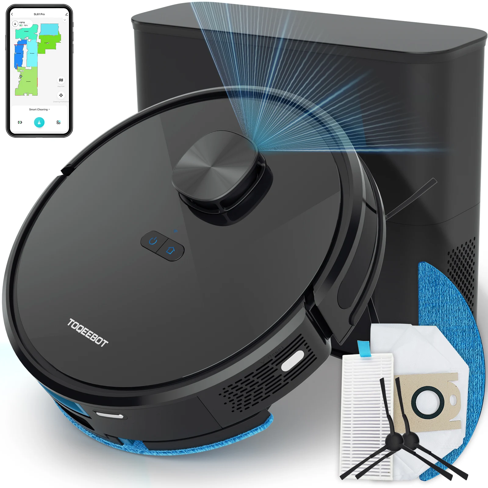 

TOQEEBOT cleaning vacuum robot, 4500Pa suction power, 2.5L automatic emptying station, laser radar navigation, Wifi/app/Alexa