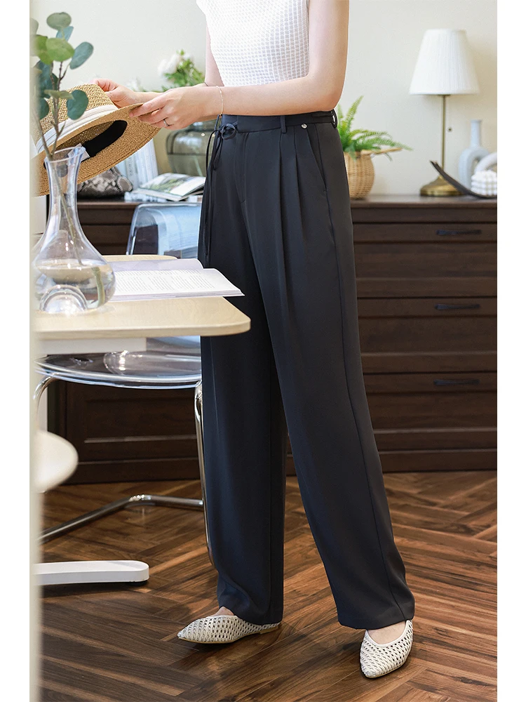 

Брюки с высокой талией, свободного прямого кроя, темно-серые, тонкие, костюмного типа, дизайнерская модель для фигуры типа «груша», лето 2026, женские повседневные.