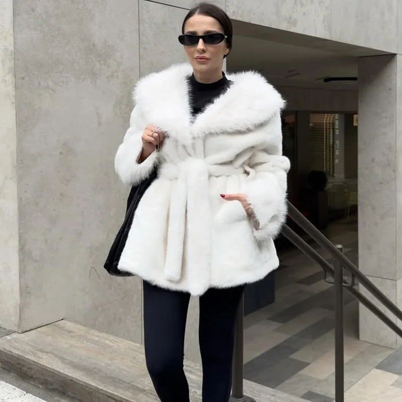 TARUXY Luxurious Mink Faux Fox Fur Coat Women's Fashion Elegant Large Fur Collar Long Slim Lace-Up Fur Jacket Winter Female Coat
