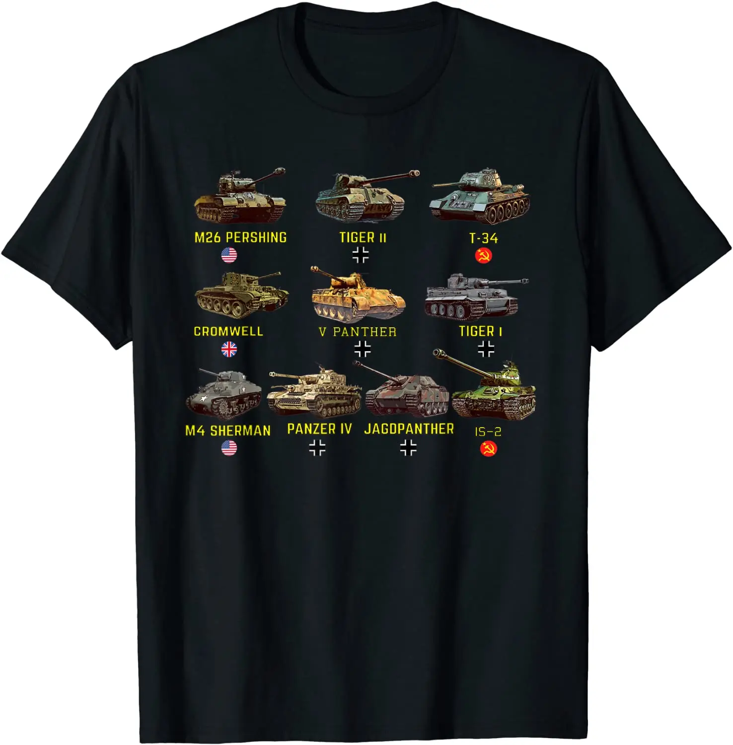 WW2 Tanks M4 Sherman Panzer IV Tiger II T-34 T-Shirt Short Casual 100% Cotton Shirts Size S-3XL