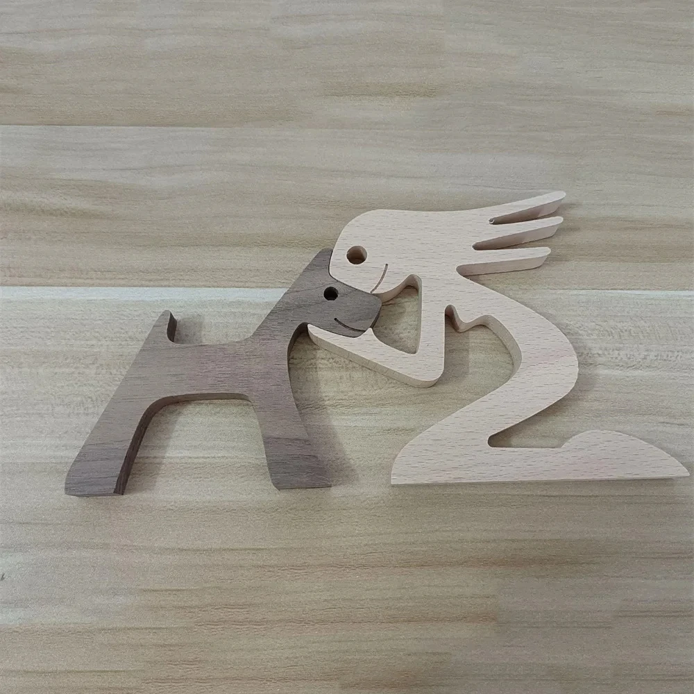 Handmade Family Puppy Wooden Man Dog Statue Figurine Home Room Desk Decoration Carving Model Sculpture Eco-Friendly Craft Gifts