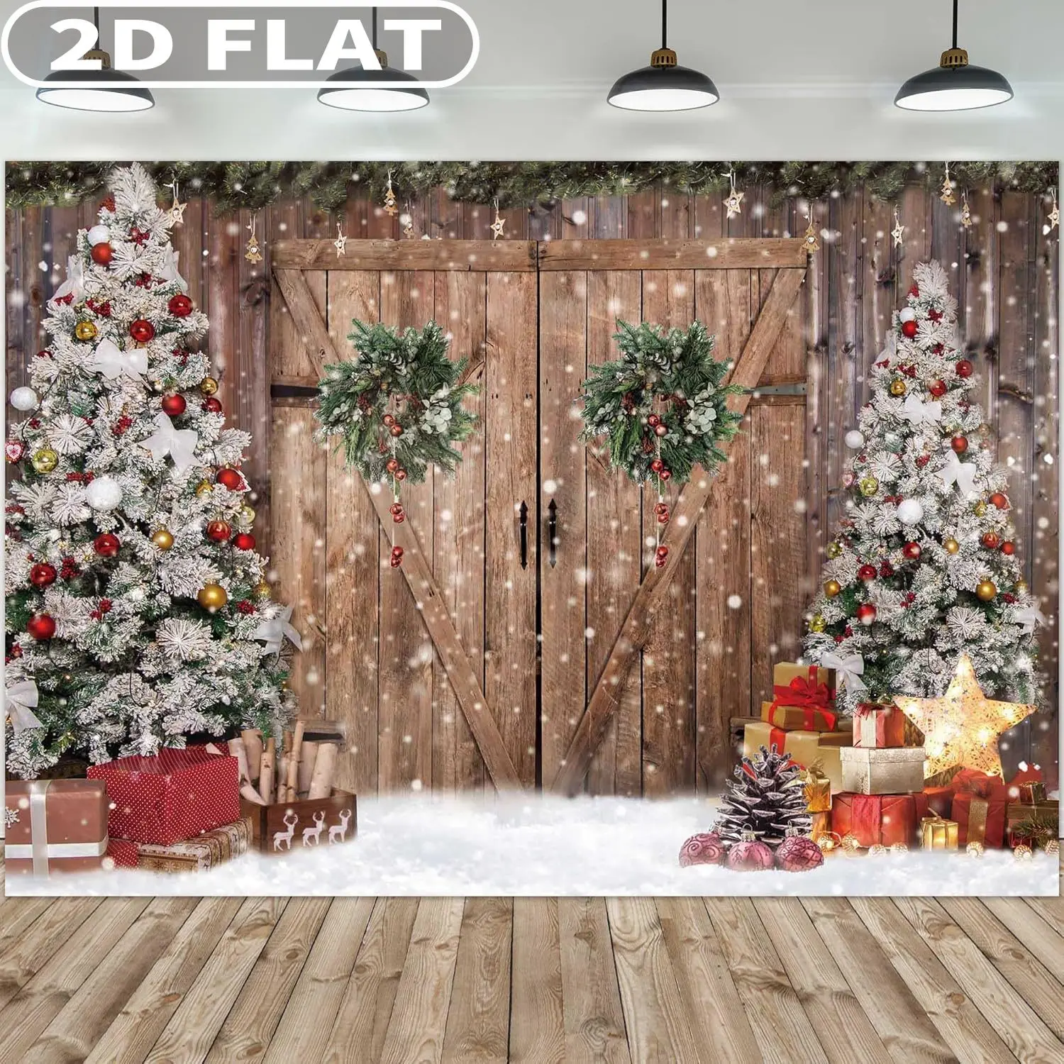 

1pc 7x5FT Polyester Fabric Winter Christmas Rustic Barn Wood Studio Background Xmas Tree Snow Background for Party Decoration