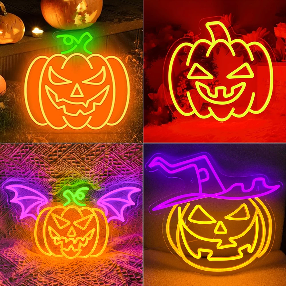 Halloween Neon Sign Pumpkin Shape Room Art Decoration Dimmable Led Light Up Sign for Home Party Bar Living Room Kid's Room Shop