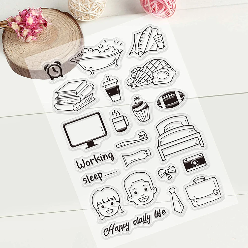 9 Sheet Silicone Clear Stamps Seal Clip Book Pen Ink Daily Life Sweet Tea Time for DIY Scrapbook Card Making Envelope Decoration