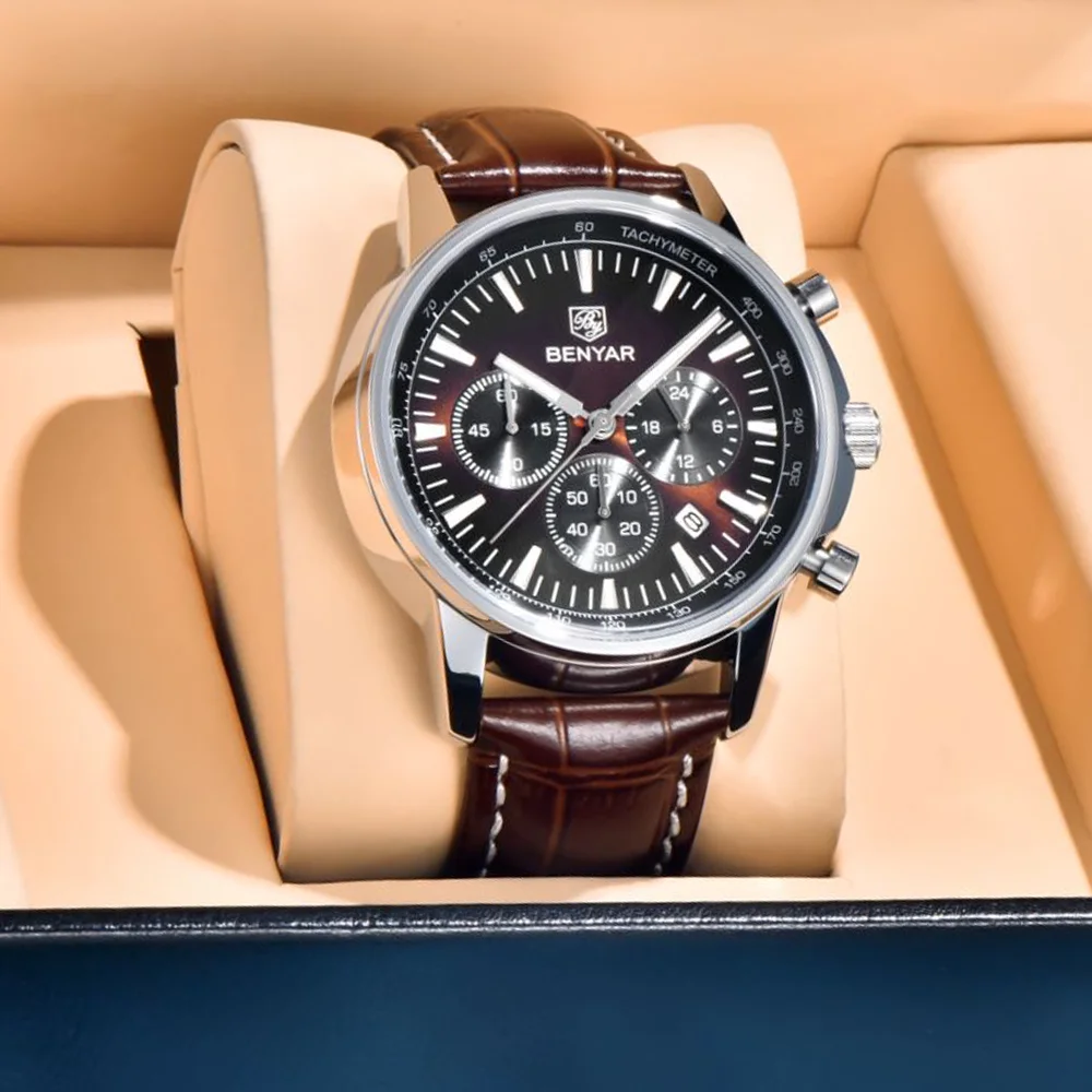 BENYAR جديد 46 مللي متر رجال العلامة التجارية الأعلى الأعمال كوارتز توقيت رمز ساعة مقاوم للماء الرياضة ساعة كوارتز رجالية هدية صندوق التعبئة والتغليف