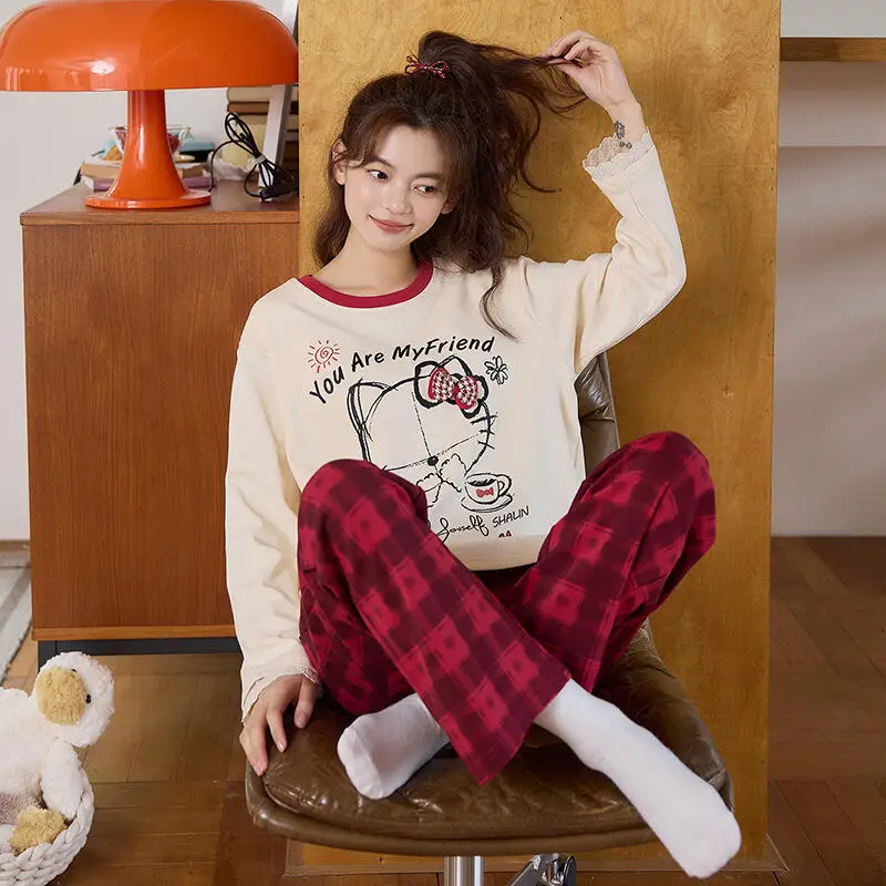 

Женская пижама с кавайным аниме-принтом и нагрудником, новинка 2024 года, весенне-осенние хлопковые пижамные штаны, комплекты домашней одежды с милой девушкой из мультфильма