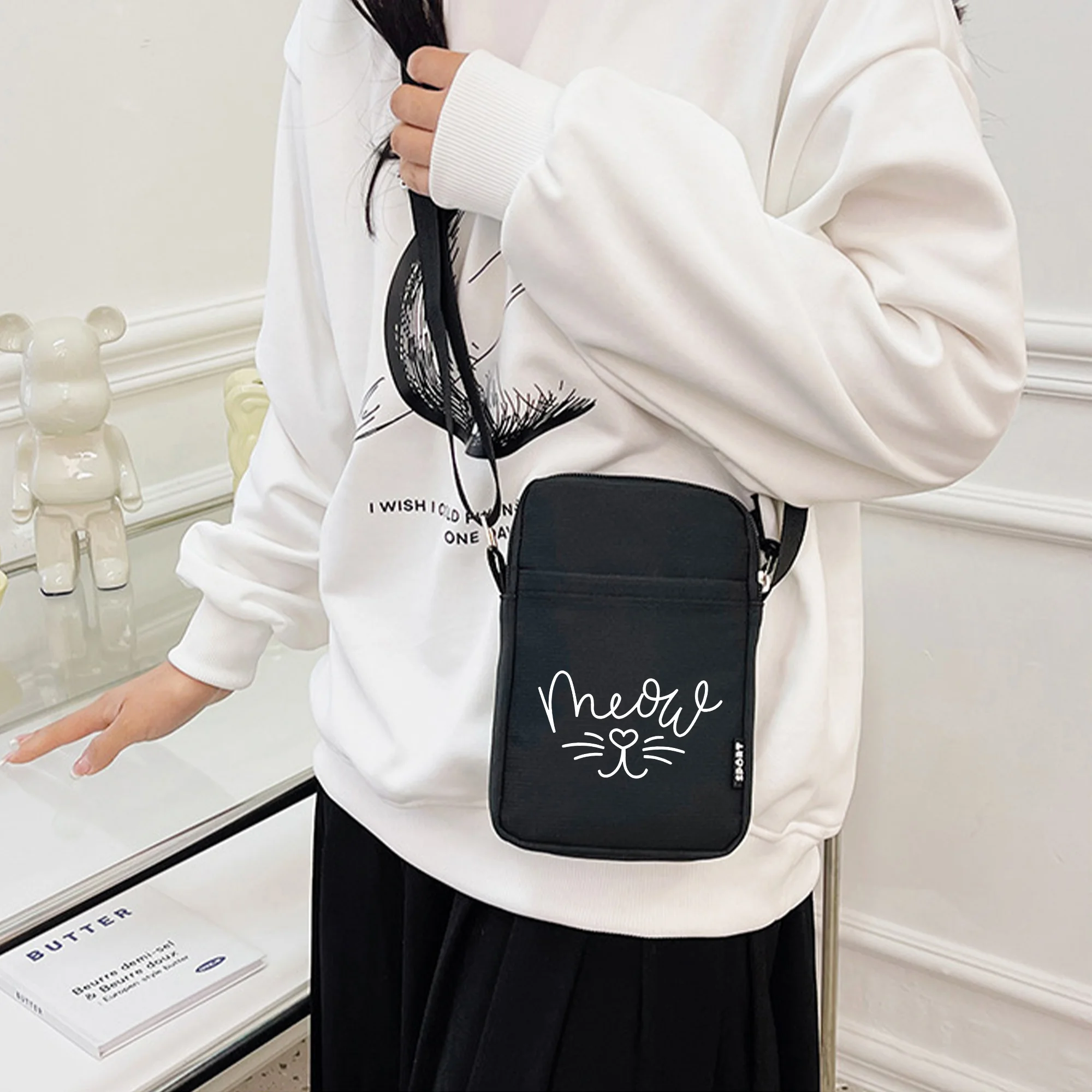 Сумка для мобильного телефона с милым котом, повседневная нейлоновая сумка на молнии на плечо