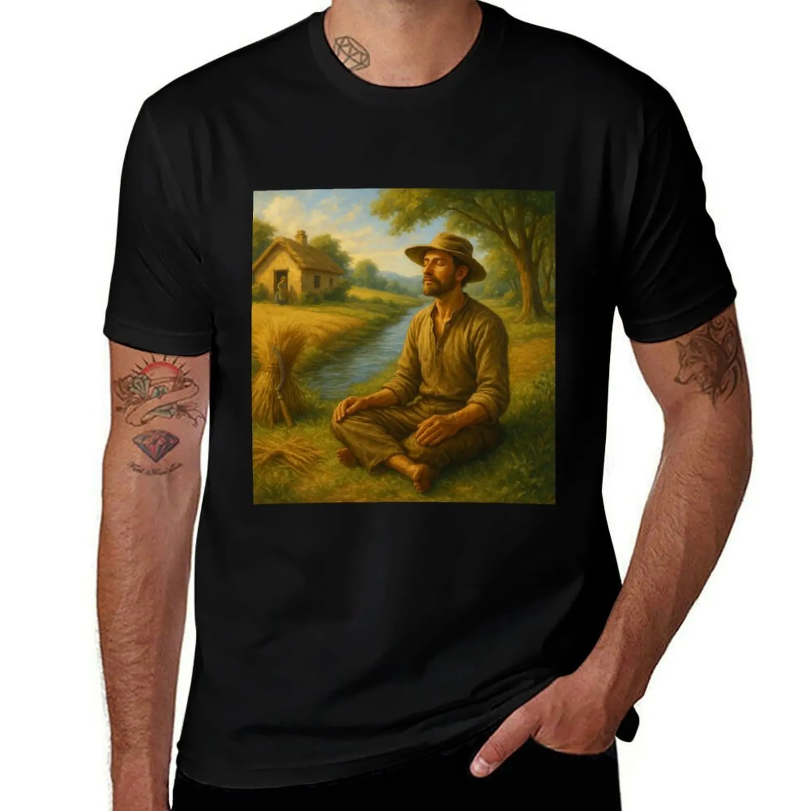 

The Meditative Farmer: Serenity in the Heart of the Fields” T-Shirt custom t-shirts cute tops Aesthetic clothing men t shirt