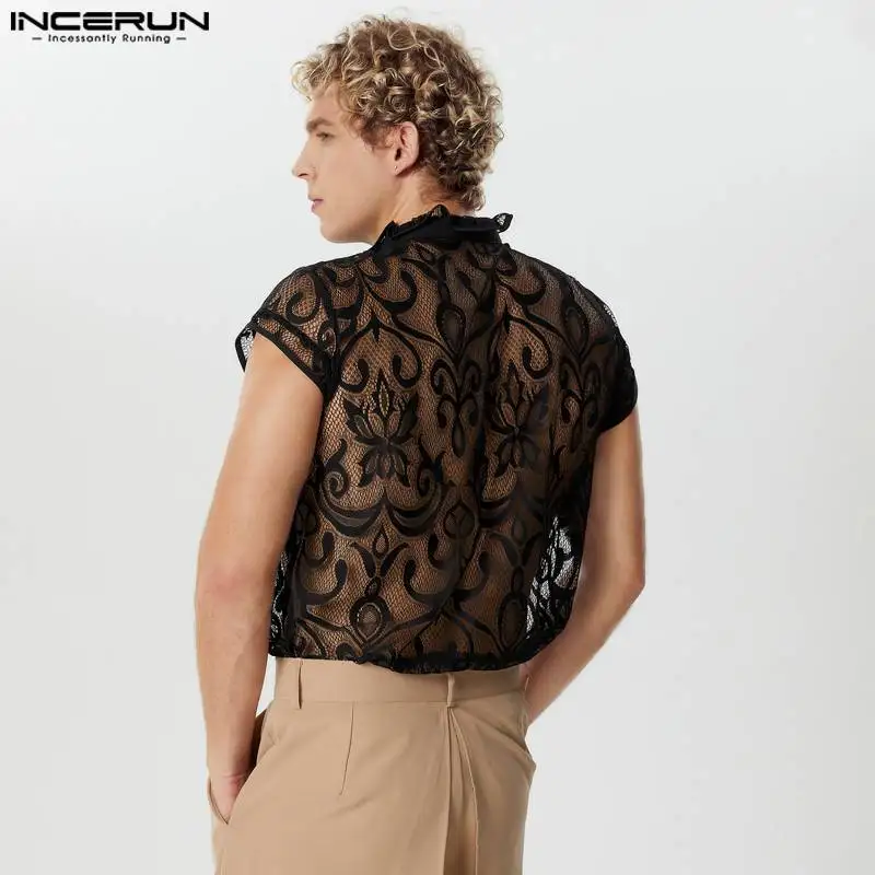 2024 Summer Men Shirt Lace Mesh Transparent Sexy Stand Collar Short Sleeve Camisas Streetwear Fashion Party Men Clothing INCERUN