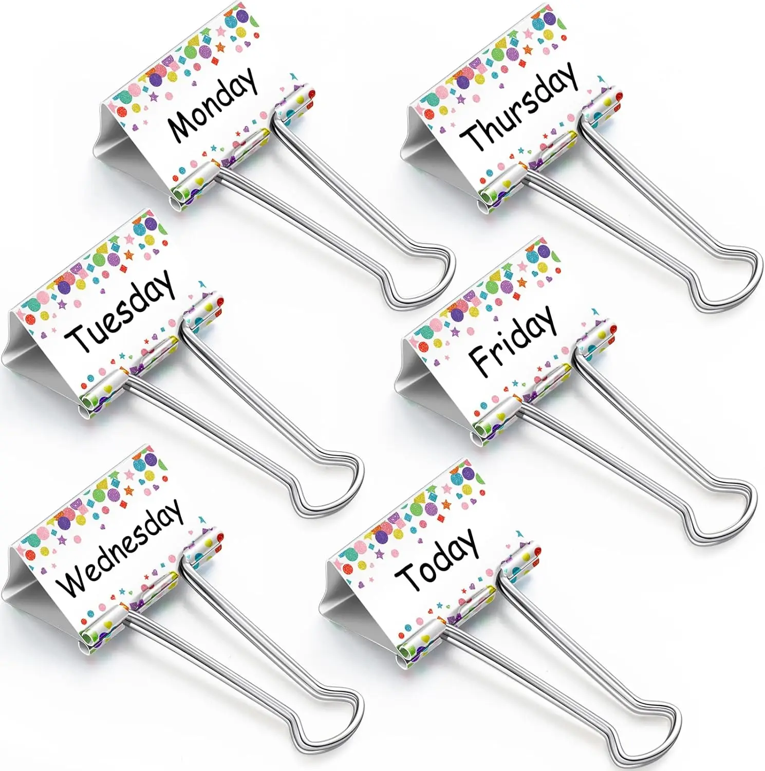 

6-Pack Large Binder Clips 2 Inch, Colorful Paper Clips for Teachers, Classroom Supplies, Office Organization, Weekday Labels