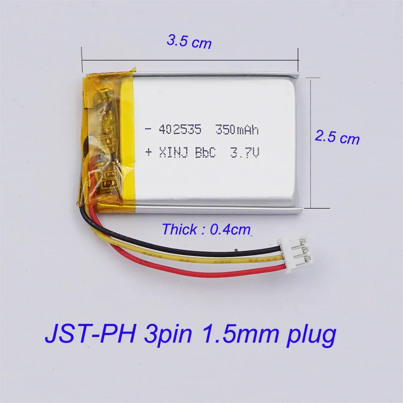 3.7V 350mAh 1.29Wh JST-PH 3pin 1.5mm Connector 402535 Polymer Lipo Lithium Battery For GPS Baby Camera MP4 Car Navigation E-book