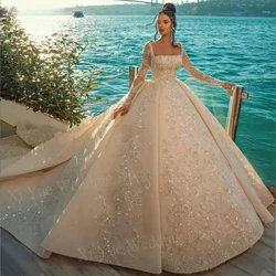 Exquisite Square Neck Wedding Dresses Sparkly Beads Sequins Bride Gowns Long Sleeves Appliques Customized Robe Vestido De Novia