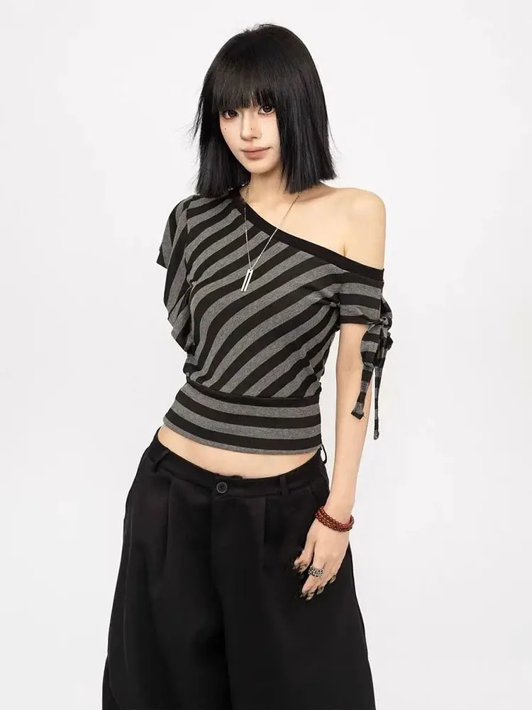 Summer Off Shoulder Striped Bandage Short Sleeve T-shirts Women American Retro Street Spicy Girl Slim Crop Top Y2k Tees