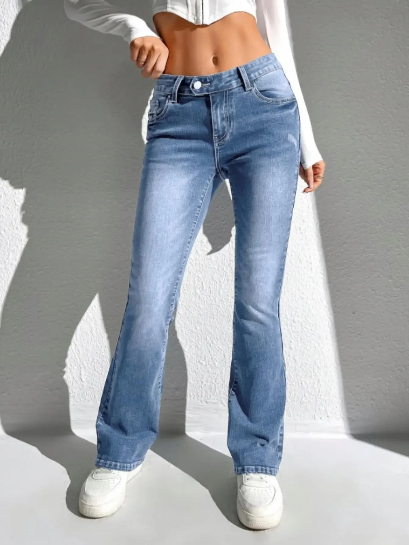 Y2K ブルー ストレート ストレッチ ジーンズ ハイウエスト ヴィンテージ デニム パンツ トレンド エラスティック コンフォート フィット レディース ファッション クラシック パンツ