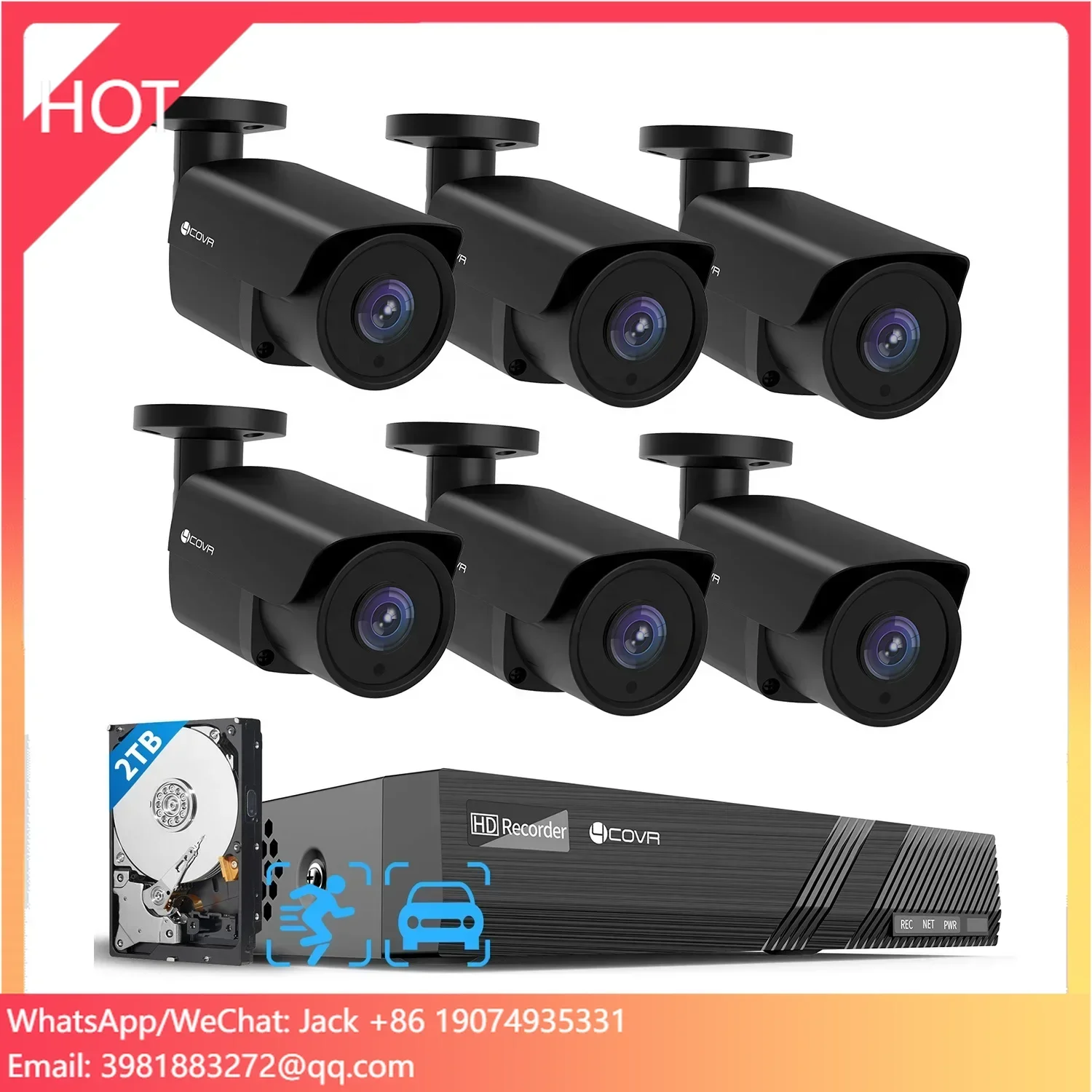 Câmera IP bala preta comercial de 8MP 4K PoE Sistema de segurança AI Detecção de veículos humanos 8 CH NVR 2TB HDD 6pcs IP67 Vigilância