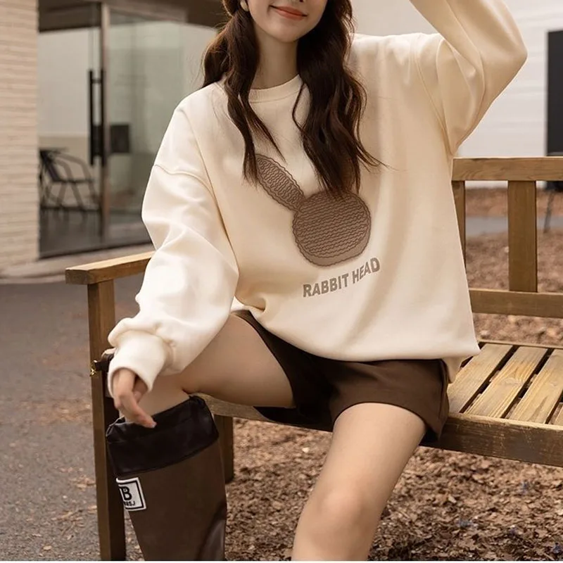 New Autumn/Winter Fashion Korean Edition Printed Round Neck Plush Loose Versatile Foreigner Casual Long Sleeve Women\'s Sweater