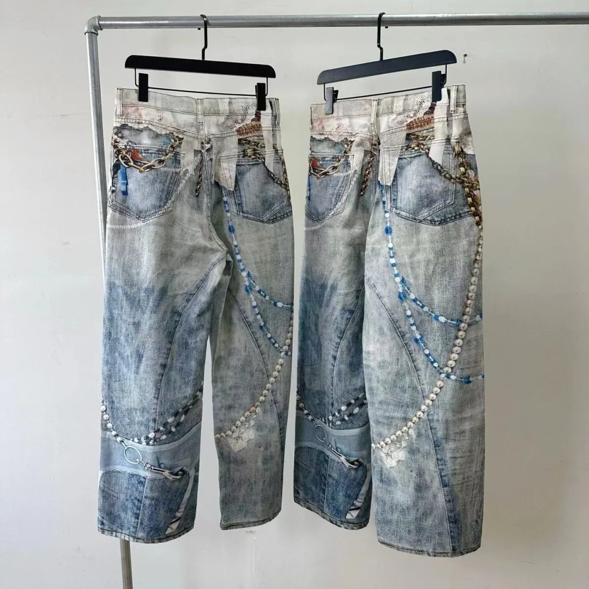 Fashionable Niche 3D Printed Lace Pearl Chain Denim Pants For Women High Waist Straight Leg Jeans Female Trendy