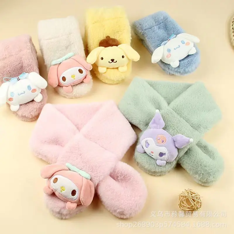 Miniso Sanrio Kuromi Plush Scarf Cartoon Cinnamoroll Melody Pompompurin Soft Girl Plushie Thickened Kid Scarves Christmas Gift ﻿