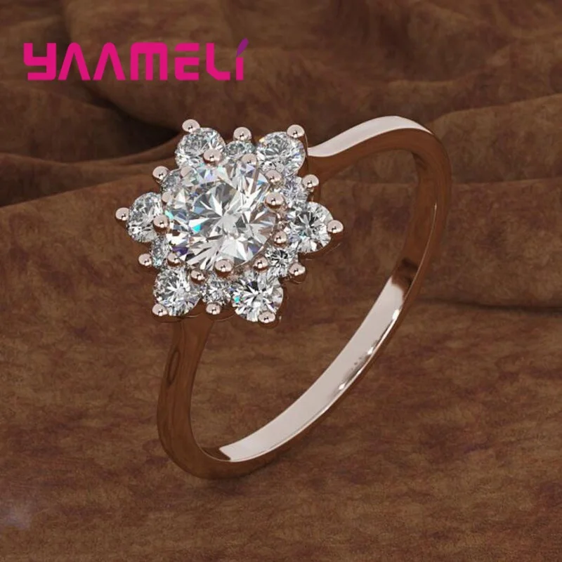 S925 Sterling Silver Snowflake Flowers Ring Transparant Clear Cubic Zirconia Micro Inlay  New Fashion Women\'s Jewelry