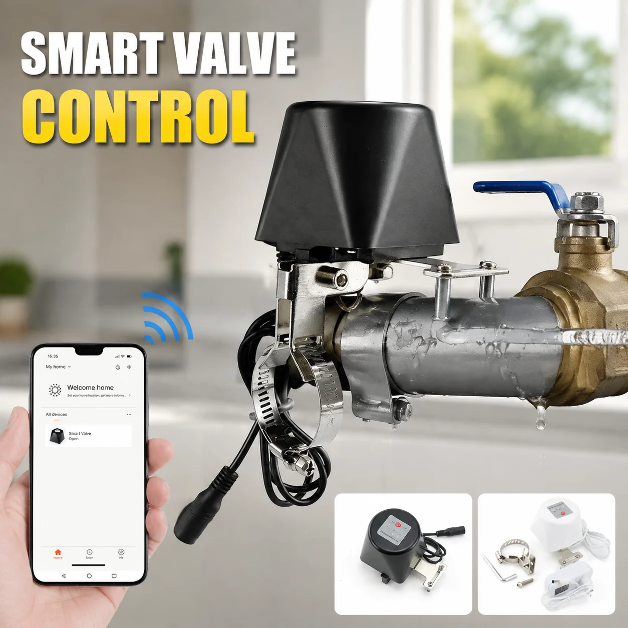 Tuya Smart WiFi Valve Controller Wireless Remote Switch 12V 1A 2.4G Works with Water Leak Sensor Smoke Gas Detector Adjustable