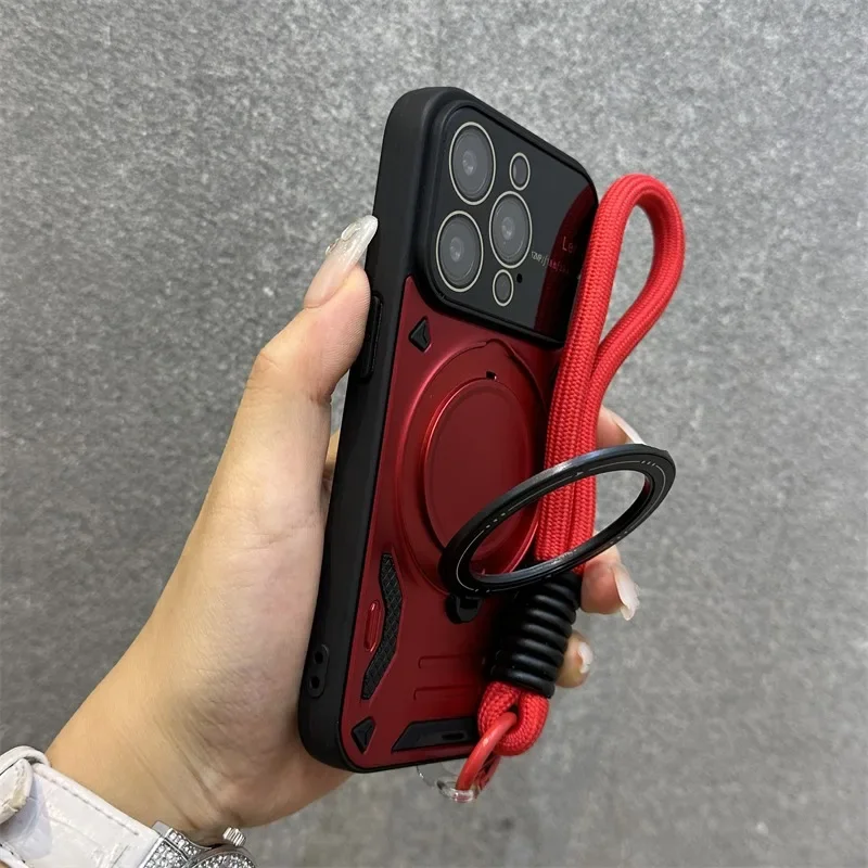 

Luxury bracket MagSafe case for iPhone 16 15 12 13 14 Pro Max 16 plus 11 pro stand holder lens protect wristband lanyard cover