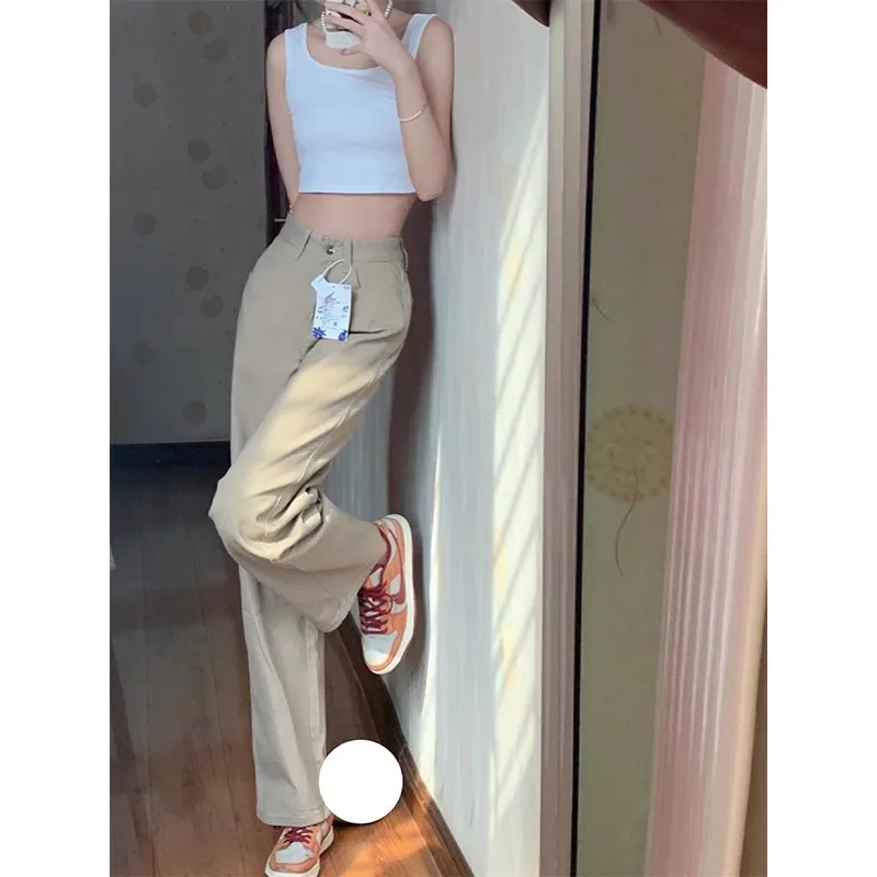 Dżinsy damskie khaki o prostych nogawkach, plus size, dla figury typu gruszka, wyszczuplające, z wysokim stanem, szerokie nogawki, jesienne, modne, plus size.