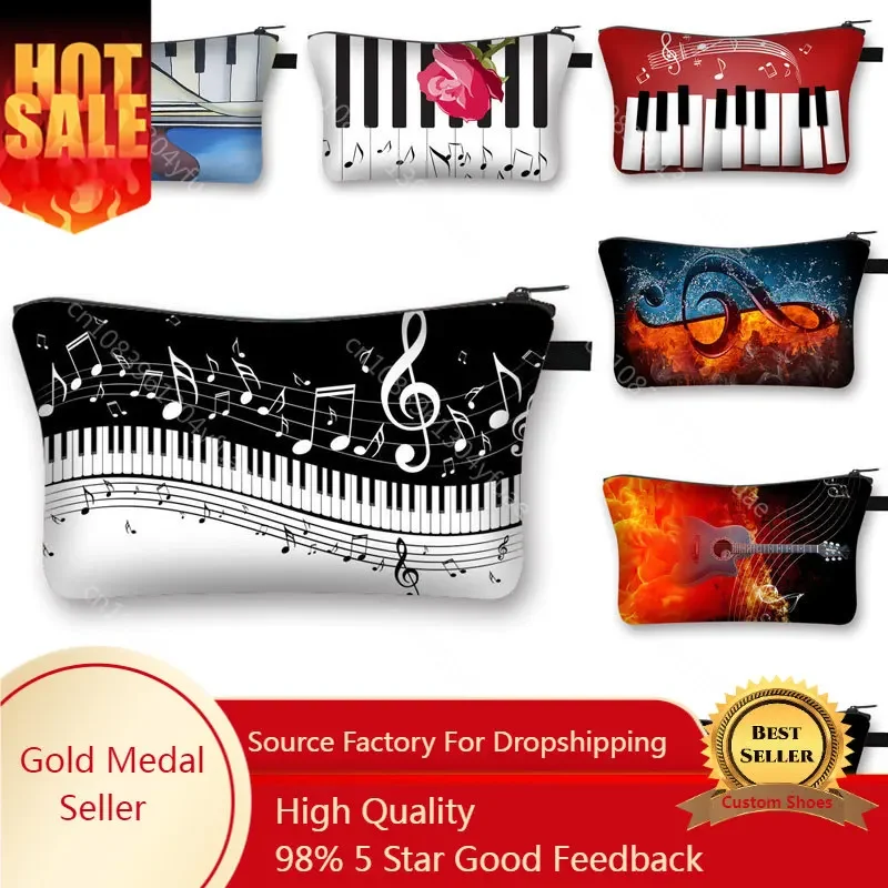 Music Notes Cosmetic Bag Women Makeup Bags Piano / Guitar Ladies Storage Bags for Travel Female Cosmetic Case