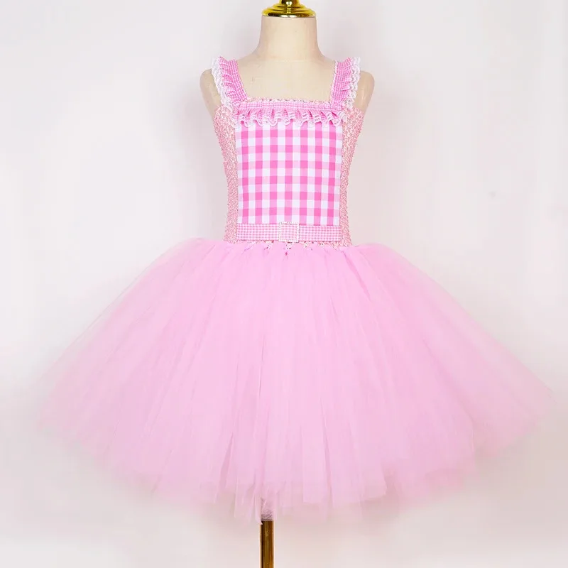 Sky01 여자 영화 바비 공주 투투 드레스 복장 어린이를위한 핑크 격자 무늬 바비 의상 할로윈 생일 파티 Tulle DressesWd01 @