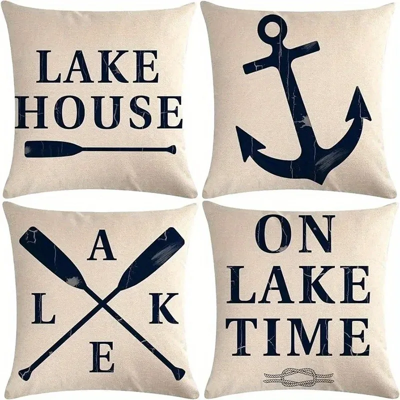Lake Theme Decor With Anchor And Paddle Pattern Cushion Cover For Sofa Bedroom Car Pillow Cover