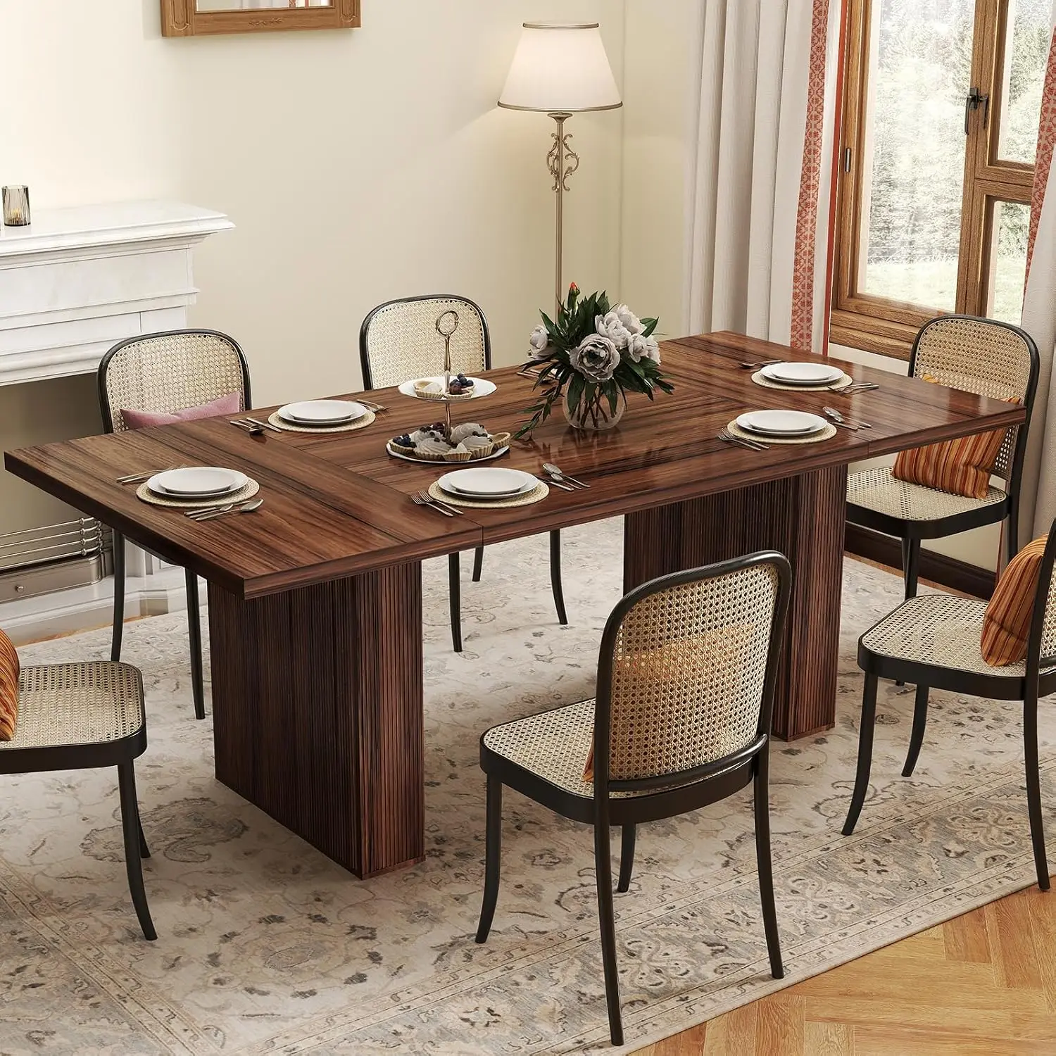 78 Inch Rectangular Dining Table, Modern Farmhouse Wood Dining Table for 6-8 People, Grooved Wood-Strip Base,, Customized