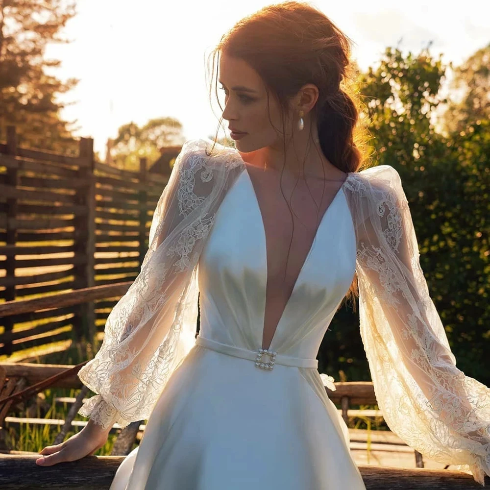 Vestidos de novia de gasa con cuello en V profundo, vestidos de novia de playa, mangas largas de burbuja, vestidos de novia de encaje, vestido de noche blanco, nuevo