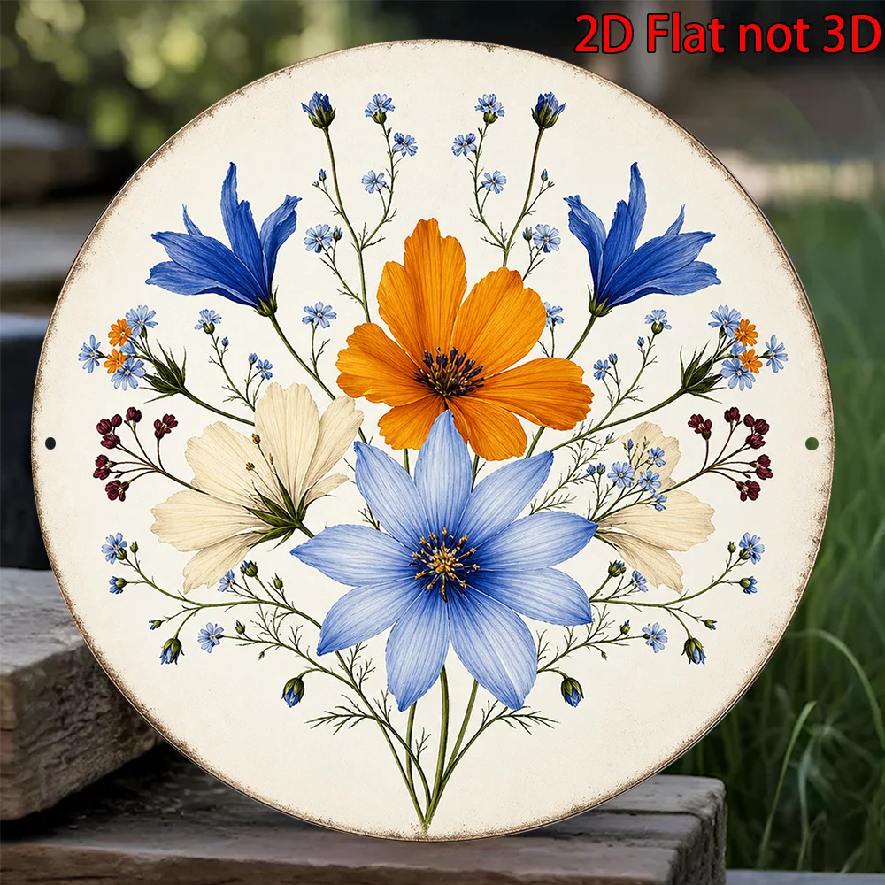 2D Flat, 1pc 8x8in/20x20cm 2D Flat Round Aluminum Sign, Vintage Aluminum Plaque Featuring a Wildflower Bouquet, Aesthetic Pastor