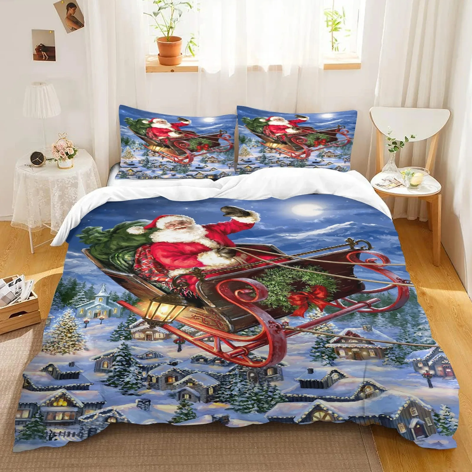 Weihnachts-Schneemann-Muster, Cartoon-Druck, Bettbezug, 3-teilig, Kissenbezug, Kinderzimmer-Dekoration, Feiertagsfeier, Geschenk