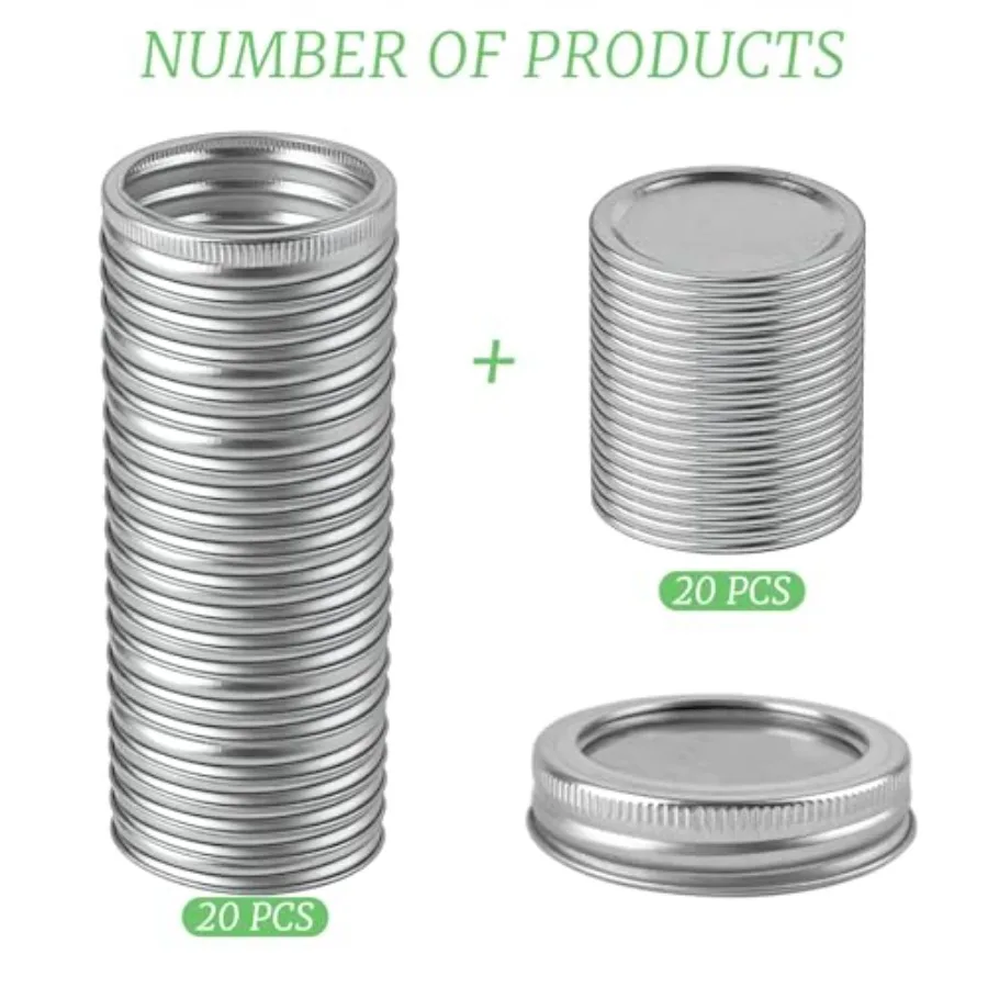 40Pcs/20Sets Canning Lids with Rings Regular Mouth, Leak Proof Split-Type Metal Mason Jar Lids and Rings Set, Food Grade Materi
