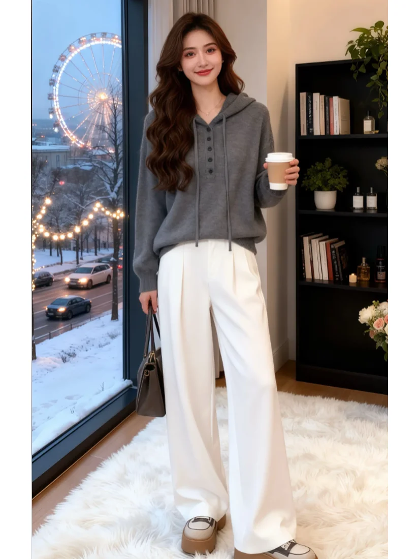 

Вязаный свитер больших размеров с капюшоном и пуговицами для женщин, с длинными рукавами, повседневный, удобный, средней мягкости, дышащий