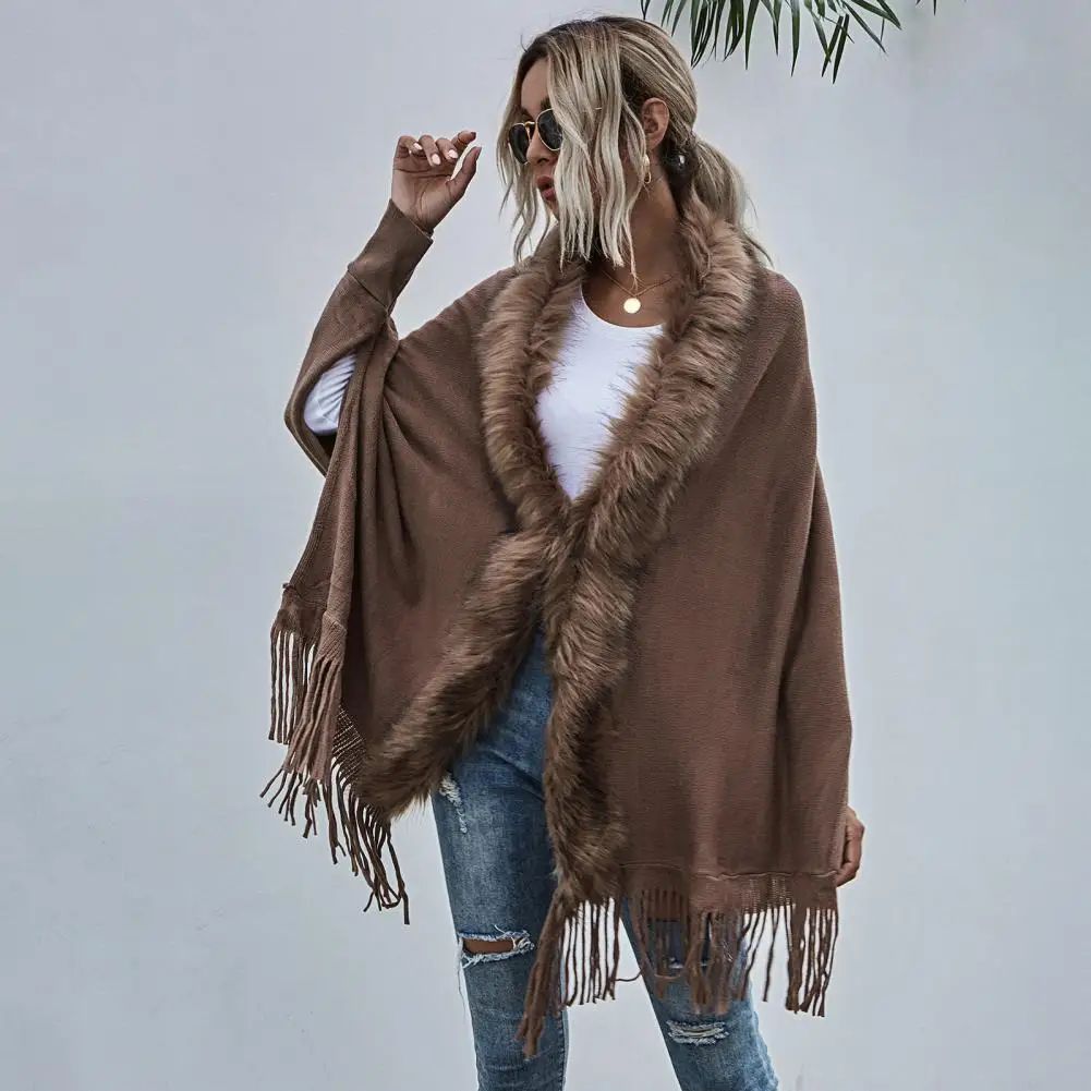 Fake Fur Collar Cardigan Poncho Tassel Solid Coat 2021 Women Casual Loose Shawl