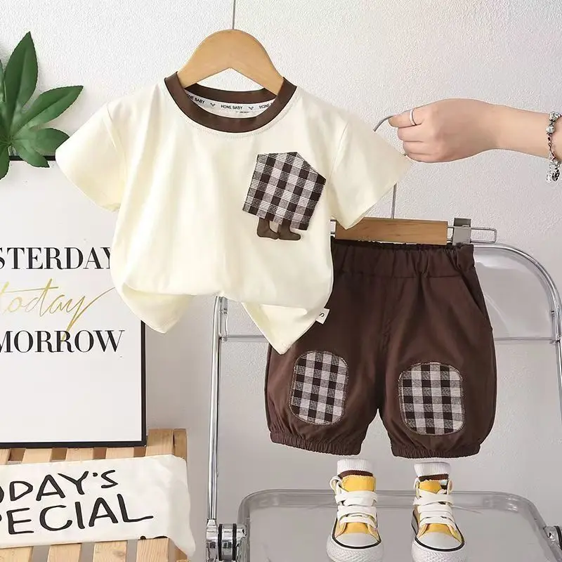 Cute Infant Boys Two Piece Summer Clothes Plaid Patch Decor Short Sleeve Tee Elastic Cuff Loose Casual Kids Shorts Outfit