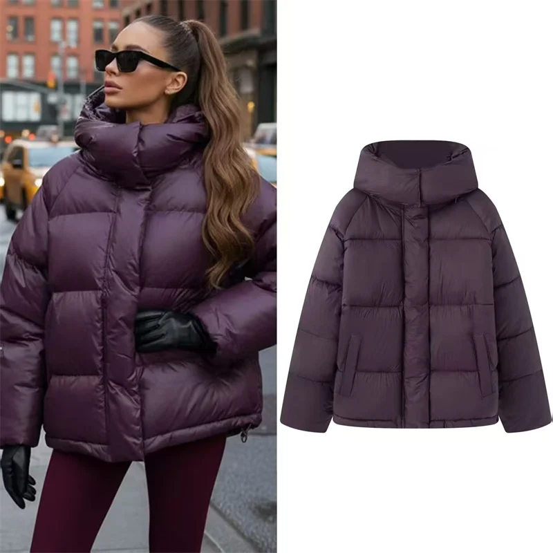 

Женская куртка 2025, зима, новый стиль, фиолетовая, с длинными рукавами, свободная посадка, шикарная теплая хлопковая куртка с капюшоном, повседневная мода