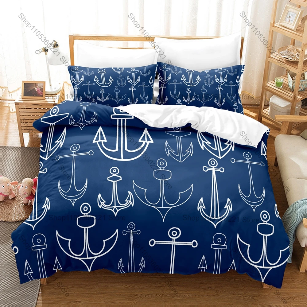 Navy Blue Anchor Theme Bedding Set 3 Pieces Marine Sailor Style Quilt Cover Set Twin Full Queen King Size Bed Linen
