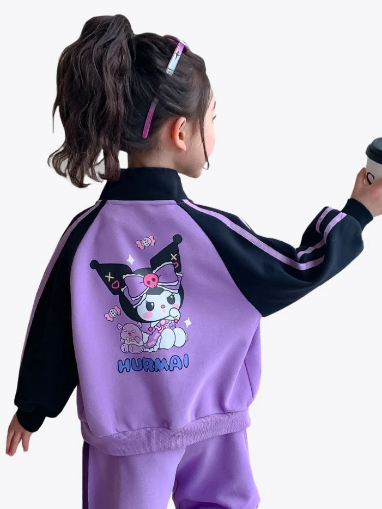 Sanrio Cartoon Kuromi Print Clothing Sets for Children Girls Jacket + Long Pants 2piece Autumn Baby Kids Teen Sweatsuits