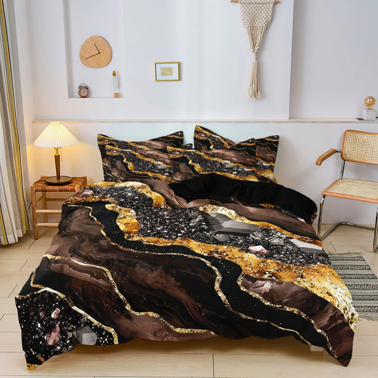Modern Golden Marble Print Duvet Cover Set, 3 Pieces Black Brown Agate Geode Mineral Crystal Luxury Abstract Pattern Bedding
