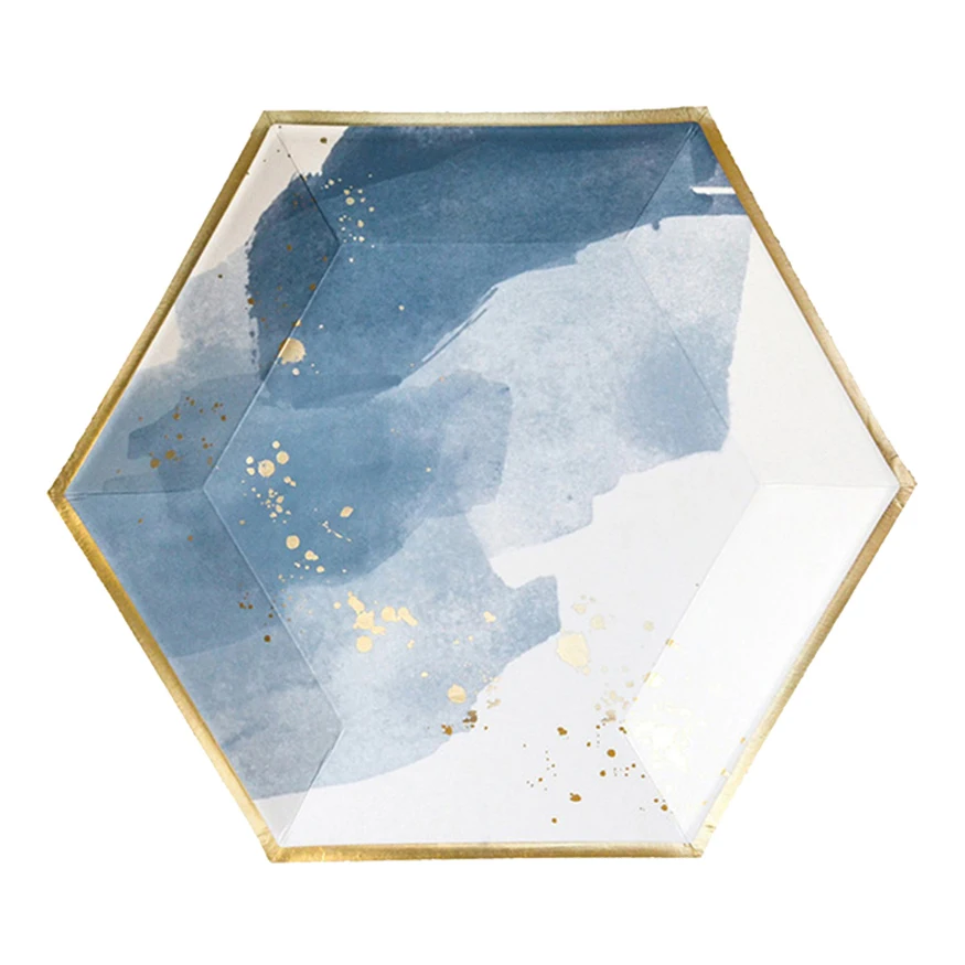 أدوات مائدة زرقاء بألوان مائية للاستعمال مرة واحدة ، رقائق ذهبية ، أطباق ورقية مخططة ، أكواب ، منديل ، عيد ميلاد ، لوازم حفلات الزفاف ، ديكور الذكرى السنوية