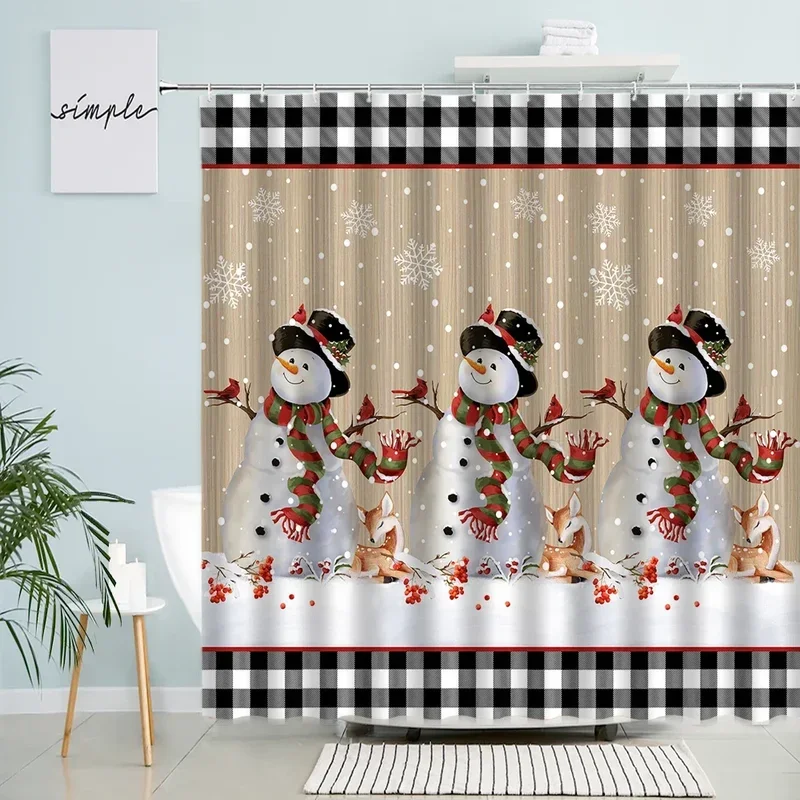 Funny Cartoon Snowman Shower Curtains Red Berries Deer Black White Buffalo Plaid Creative Christmas Bathroom Curtain Home Decor