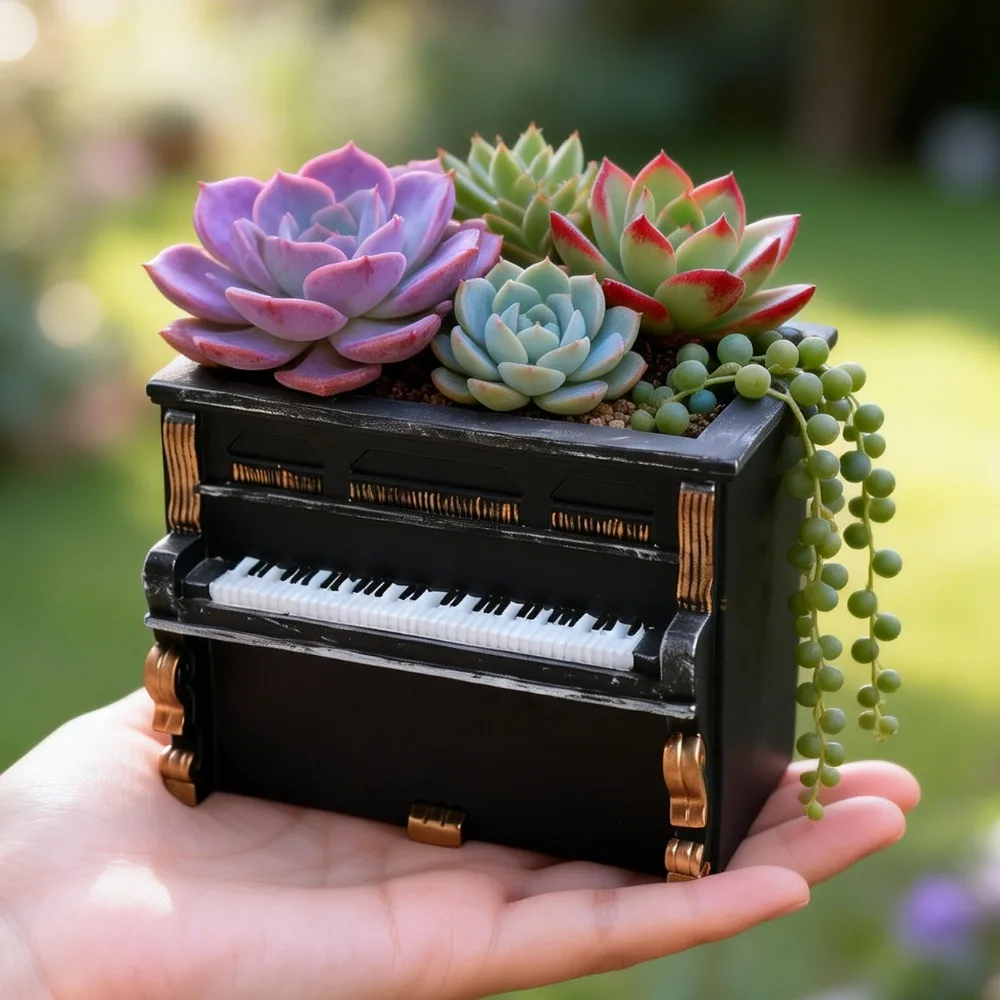 Creative Retro Style Piano Flower Pot Gold Trim Decorative Piano Shaped Pen Holder Unique Piano Ornament Home Decor