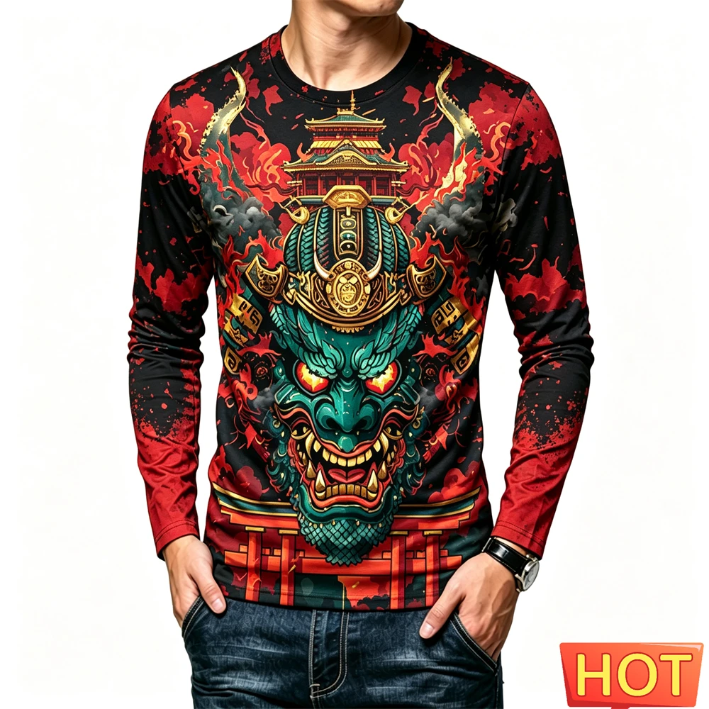 Men's T Shirt Japanese Ghost Warrior Pattern Print Long Sleeve T-shirt Casual O-neck Tops Hip Hop Trend Streetwear Oversized Tee